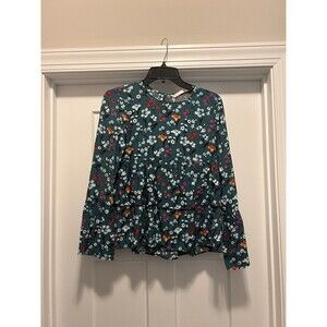 New Zara Lightweight Floral Green Long Sleeve Peplum Top Sz Medium   Button Back